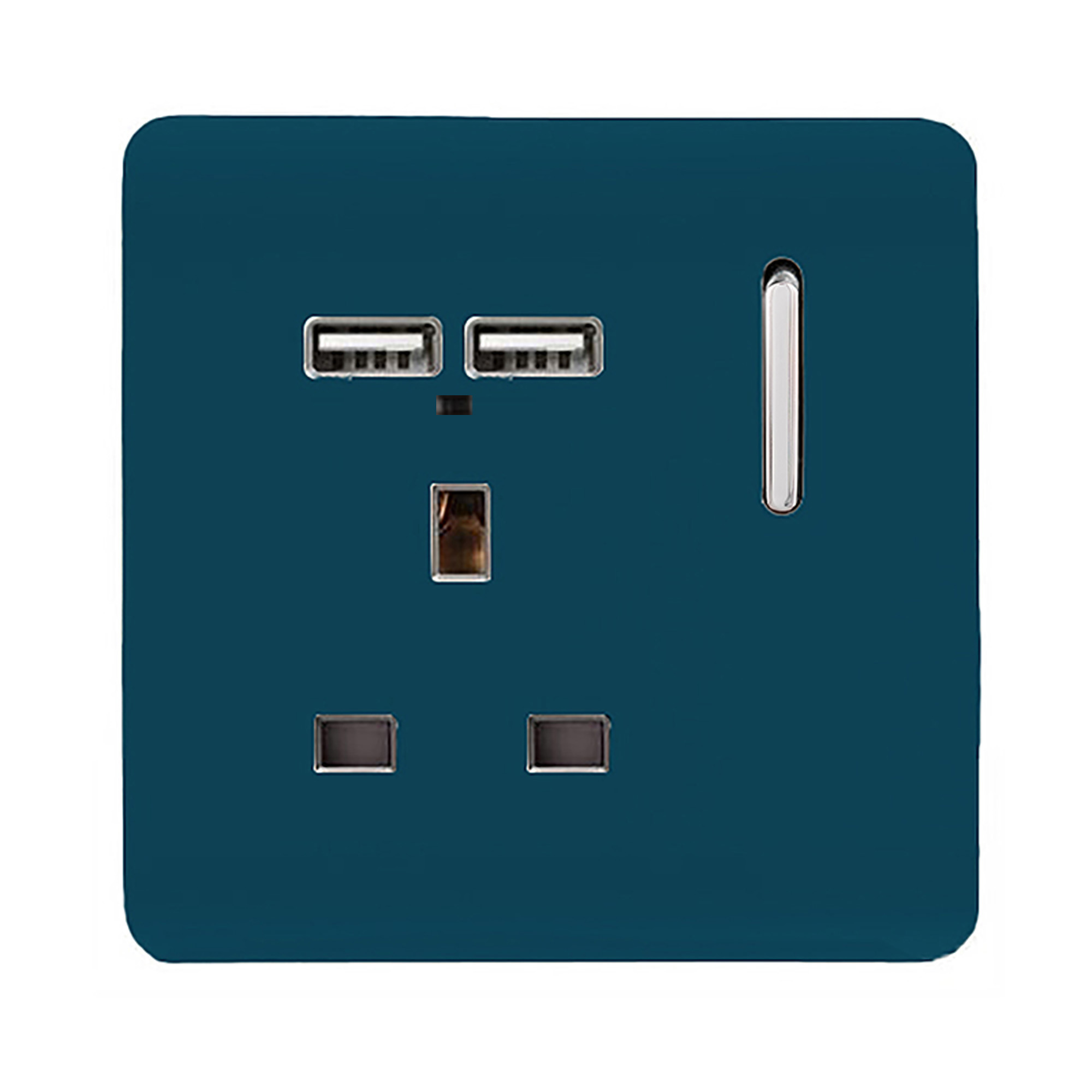 1 Gang Switched Single Socket 13A With 2 x USB-A 10W (Shared) With Neon Insert Midnight Blue